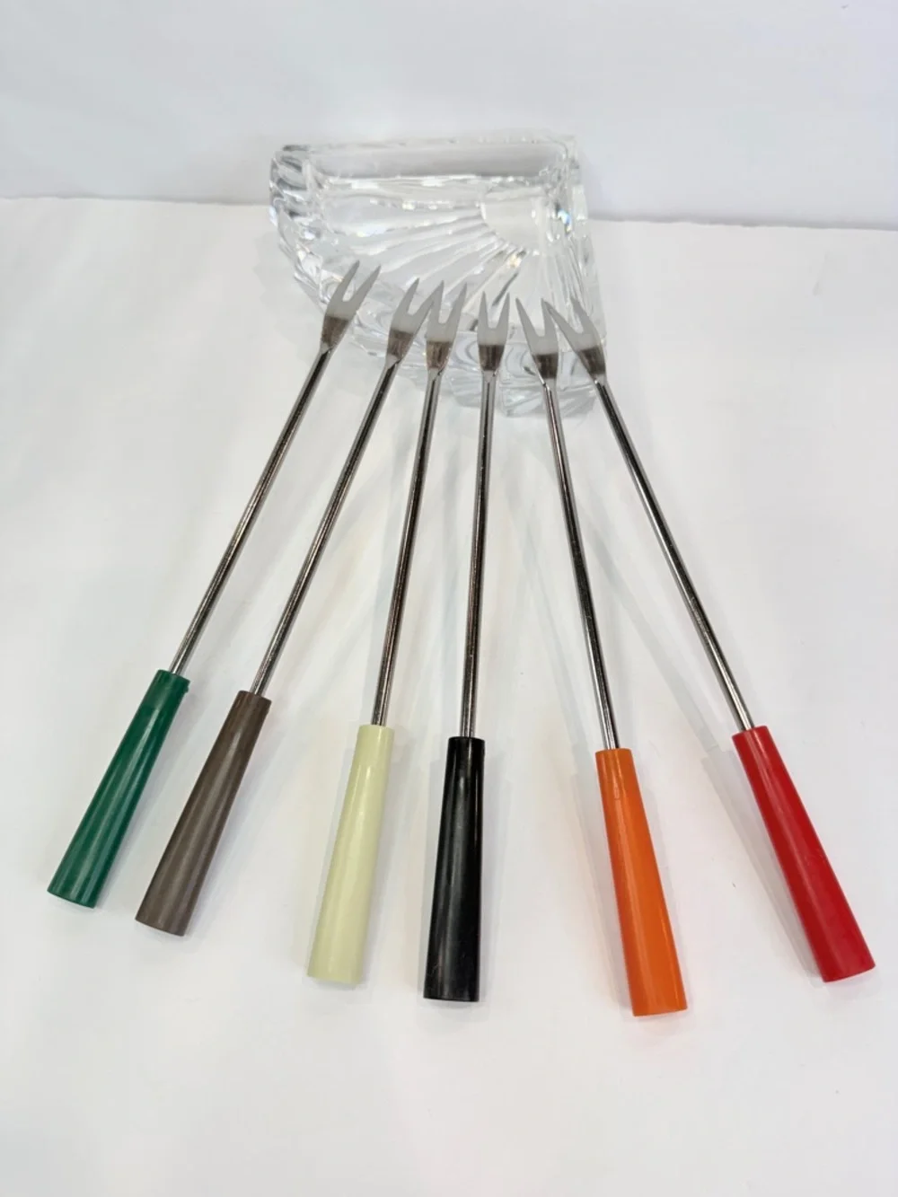 10 inch “Vintage Fondue Fork Set 6 Color Handle Retro 70s Appetizer Picks”